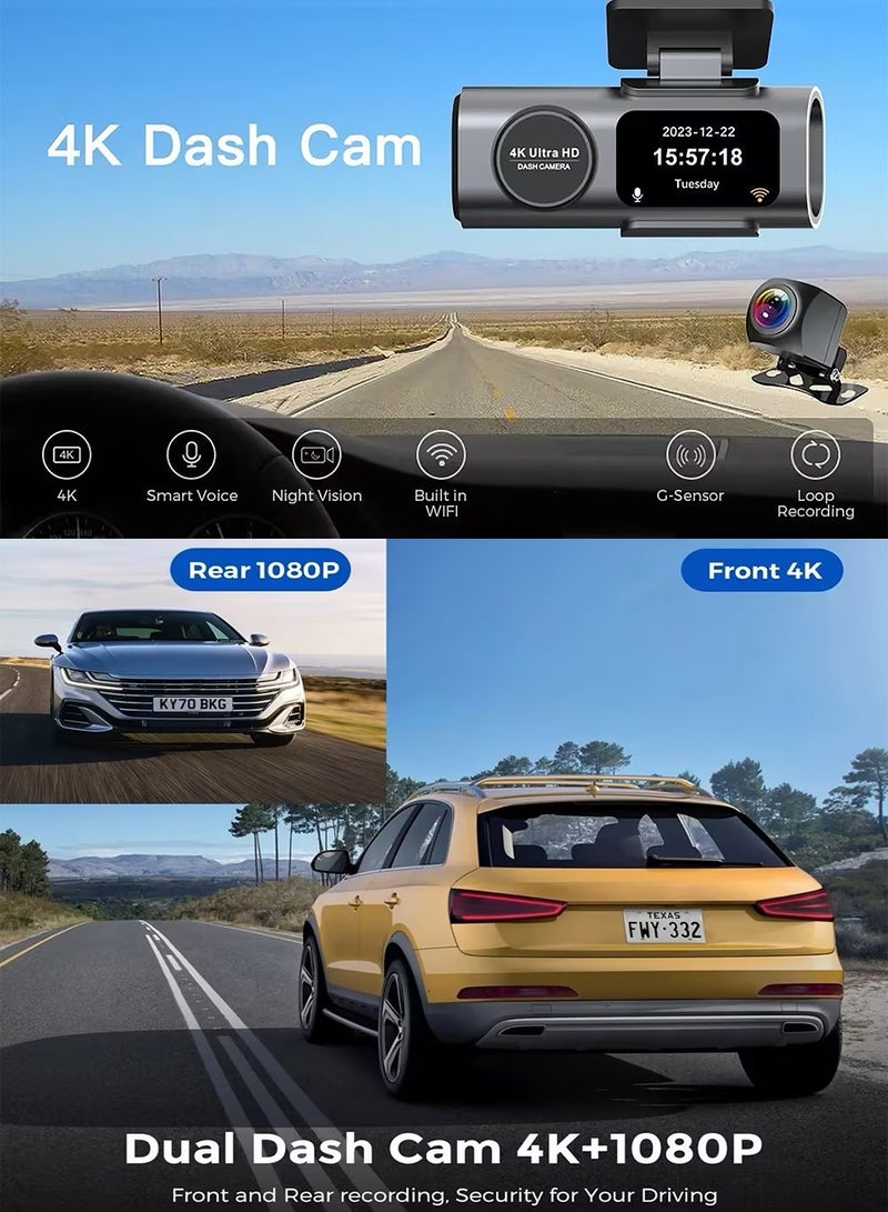 Dash Cam, Front and Rear Dash Cam, Car Camera, Super Night Vision Car Camera, Front Camera 4K, Rear Camera 1080p HD with 64GB Memory card - Image 2